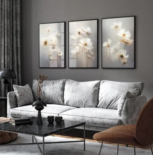 Quadro Decorativo Flores Brancas Modernas Sala Moldura Vidro