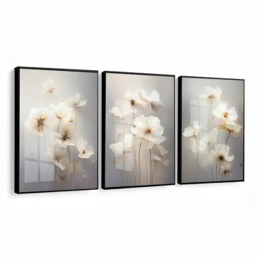 Quadro Decorativo Flores Brancas Modernas Sala Moldura Vidro