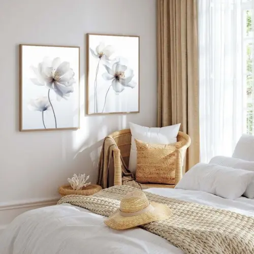 Quadro Decorativo Flores Brancas Sala Quarto Hall com Vidro