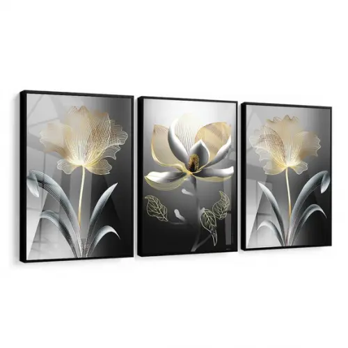 Quadro Decorativo Flores Douradas Modernas Moldura e Vidro