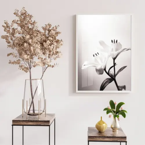 Quadro Decorativo Flores Preto e Branco Com Moldura e Vidro
