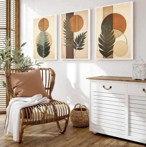 Quadro Decorativo Folhagem Marrom Boho Moderno Moldura Vidro