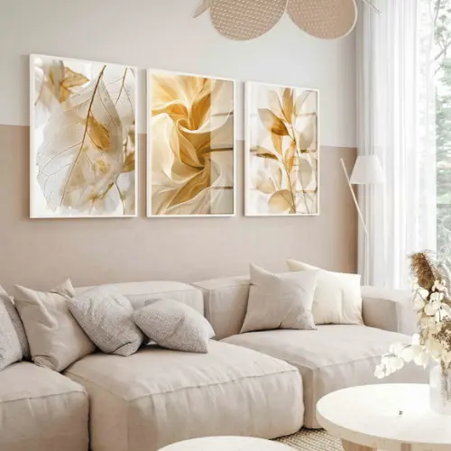 Quadro Decorativo Folhagem Nude Bege Claro com Moldura Vidro