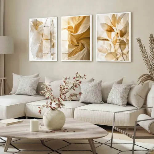 Quadro Decorativo Folhagem Nude Bege Claro com Moldura Vidro
