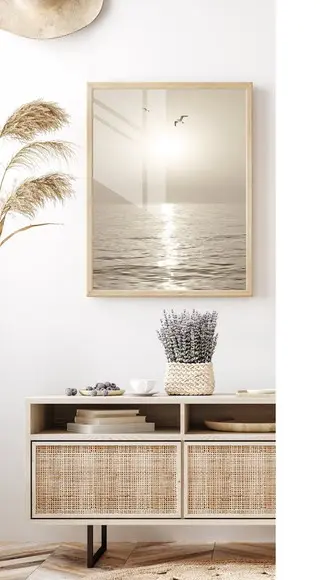 Quadro Decorativo Gaivota Paisagem Mar com Moldura e Vidro
