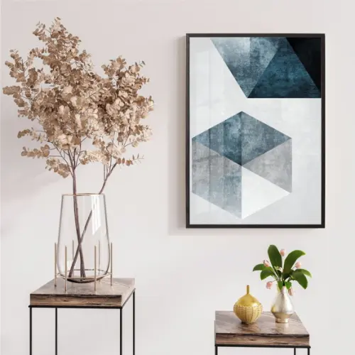 Quadro Decorativo Geométrico Abstrato Azul Com Moldura Vidro
