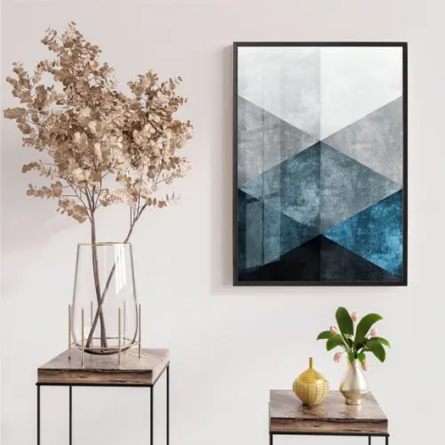 Quadro Decorativo Geométrico Abstrato Azul Moldura e Vidro