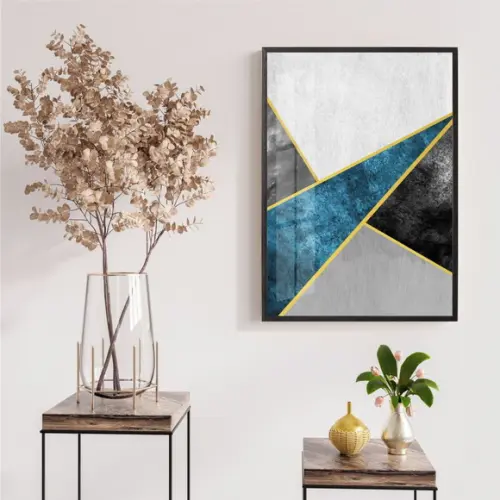Quadro Decorativo Geométrico Azul Dourado Com Moldura Vidro