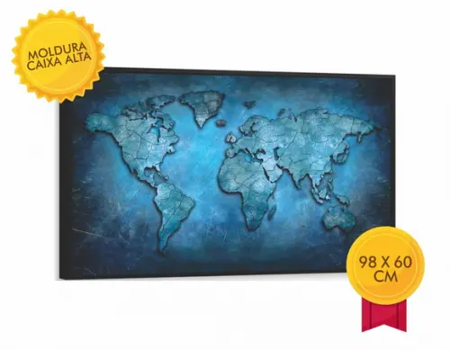 Quadro Decorativo Grande Mapa Mundi Tons De Azul Com Moldura
