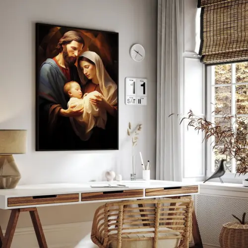 Quadro Decorativo Jesus Maria e Josè Sala Hall Luxo Moldura