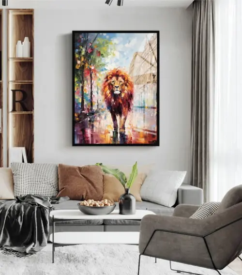 Quadro Decorativo Leão Colorido Moderno com Moldura e Vidro