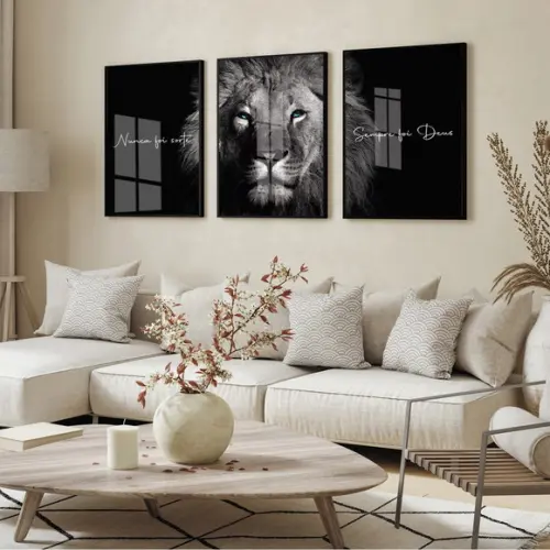 Quadro Decorativo Leão de Judá Frase Motivacional com Vidro