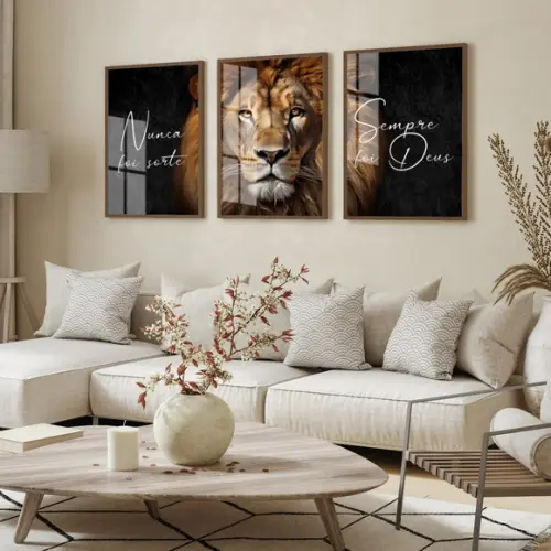 Quadro Decorativo Leão Nunca Foi Sorte Sempre Foi Deus Vidro
