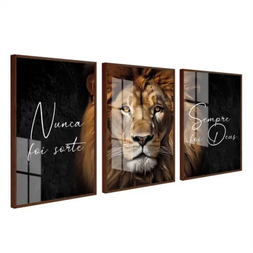 Quadro Decorativo Leão Nunca Foi Sorte Sempre Foi Deus Vidro