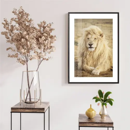 Quadro Decorativo Leão Para Quarto Sala Com Moldura Vidro