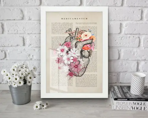Quadro Decorativo Medicina Coração Flores Moldura e Vidro