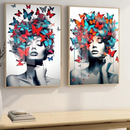 Quadro Decorativo Moderno Borboleta Mulher Flores com Vidro