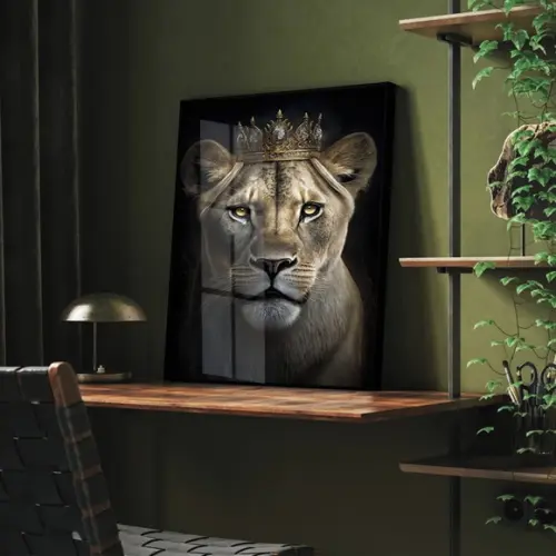 Quadro Decorativo Moderno Animais Leoa com Moldura e Vidro