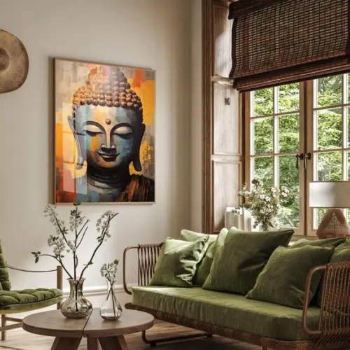 Quadro Decorativo Moderno Buda Dourado Luxo Moldura e Vidro