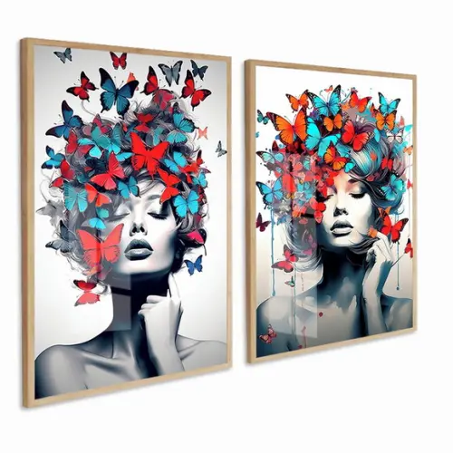 Quadro Decorativo Moderno Borboleta Mulher Flores com Vidro
