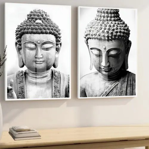 Quadro Decorativo Moderno Buda Preto e Branco Luxo com Vidro