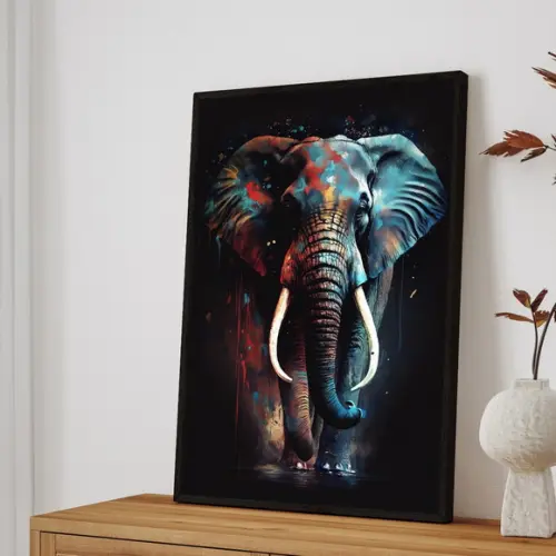 Quadro Decorativo Moderno Elefante Colorido com Moldura