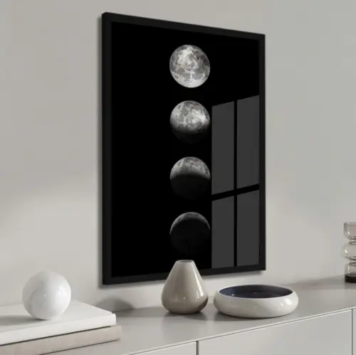 Quadro Decorativo Moderno Fases da Lua com Moldura e Vidro