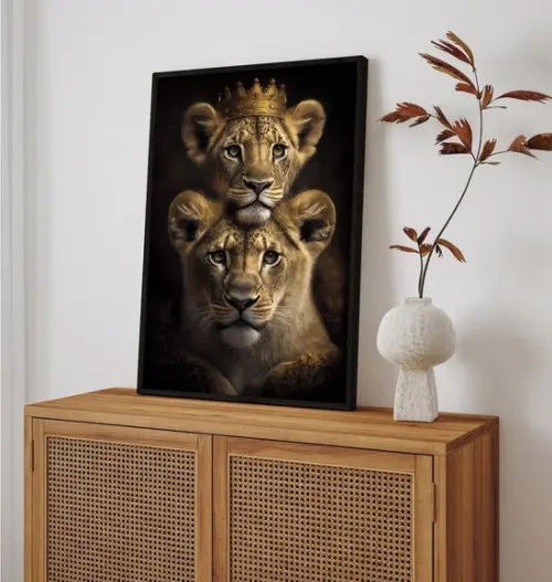 Quadro Decorativo Moderno Família de Leão Sala com Moldura
