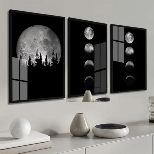 Quadro Decorativo Moderno Fases da Lua Moldura e Vidro