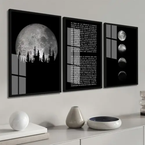 Quadro Decorativo Moderno Fases da Lua Moldura e Vidro