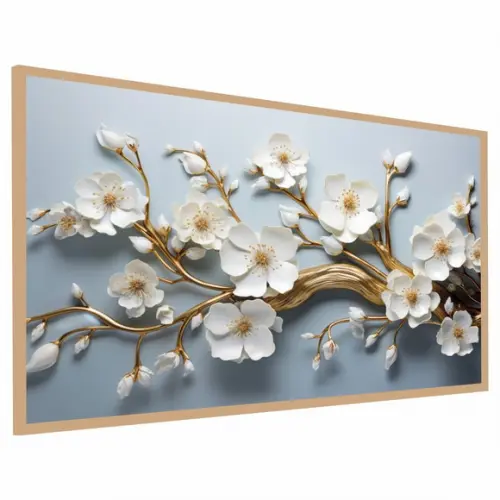 Quadro Decorativo Moderno Flor Branca e Dourada Luxo Moldura