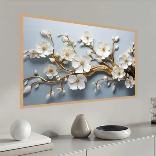 Quadro Decorativo Moderno Flor Branca e Dourada Luxo Moldura