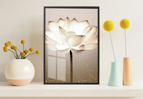 Quadro Decorativo Moderno Flor Bege com Moldura e Vidro