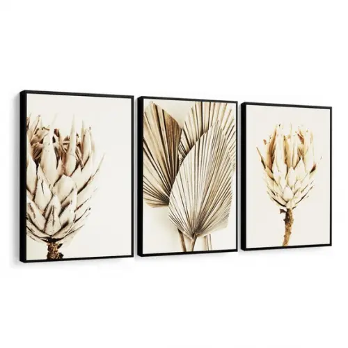 Quadro Decorativo Moderno Folhagem Bege Boho Flores Moldura