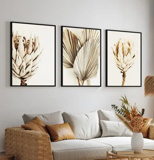 Quadro Decorativo Moderno Folhagem Bege Boho Flores Moldura
