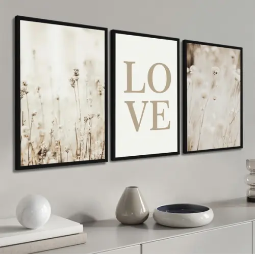 Quadro Decorativo Moderno Folhagem Bege Love Frases Moldura