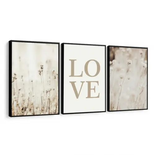 Quadro Decorativo Moderno Folhagem Bege Love Frases Moldura