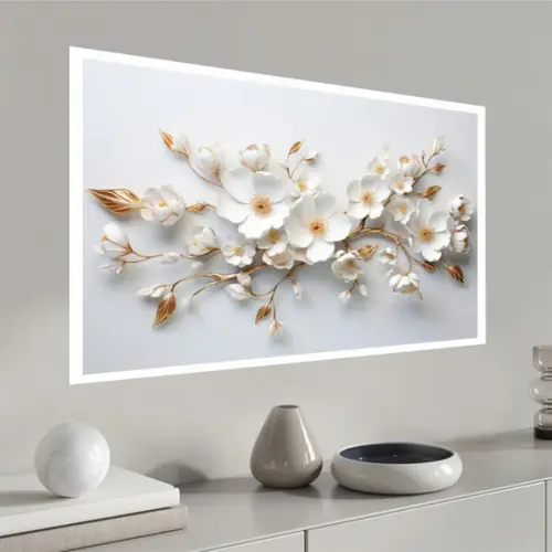 Quadro Decorativo Moderno Grande Flor Branca Dourada Moldura