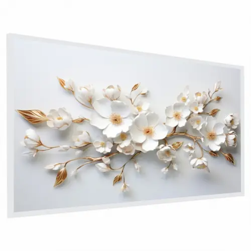 Quadro Decorativo Moderno Grande Flor Branca Dourada Moldura