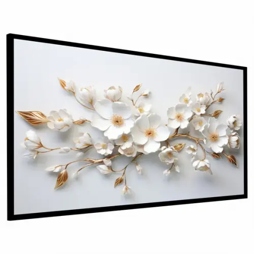 Quadro Decorativo Moderno Grande Flor Branca Gold Moldura