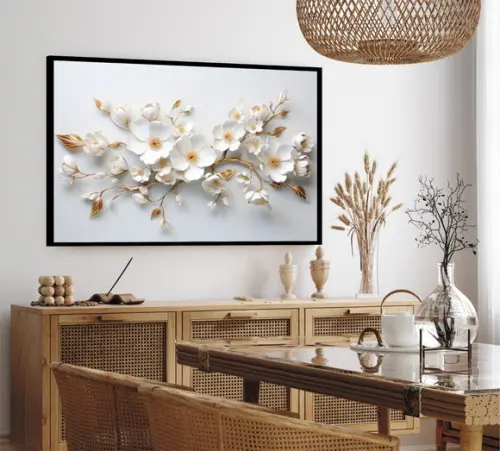 Quadro Decorativo Moderno Grande Flor Branca Gold Moldura