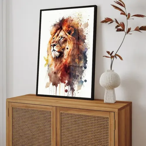 Quadro Decorativo Moderno Leão Colorido com Moldura e Vidro