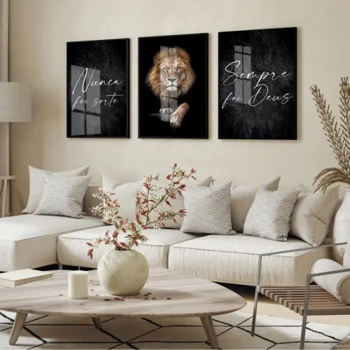 Quadro Decorativo Moderno Leão Frase Motivacional com Vidro