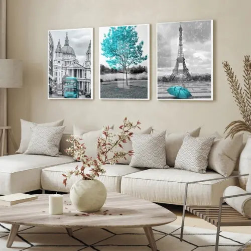 Quadro Decorativo Moderno Londres e Paris Arvore Azul Vidro