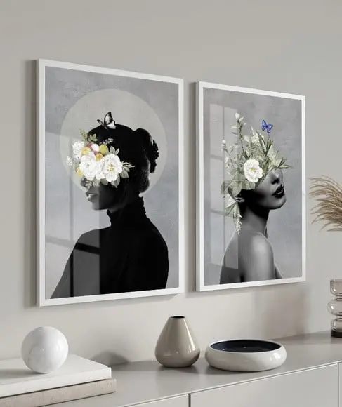 Quadro Decorativo Moderno Mulher Flores com Moldura e Vidro