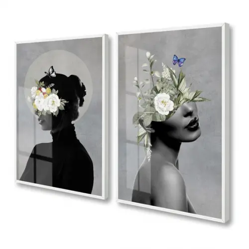 Quadro Decorativo Moderno Mulher Flores com Moldura e Vidro