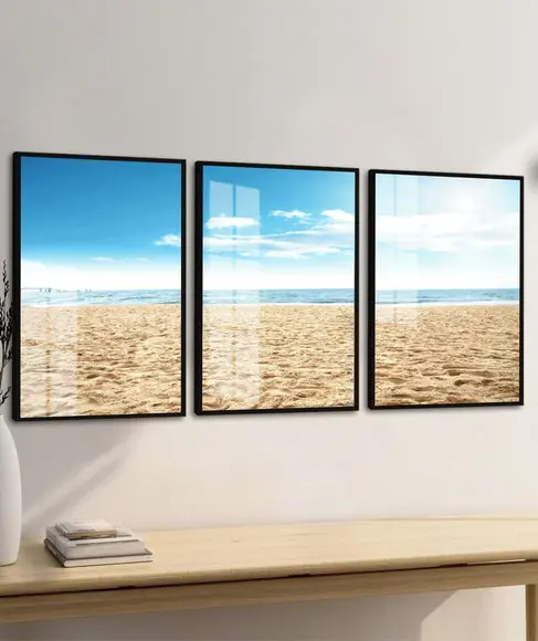 Quadro Decorativo Moderno Paisagem Praia Mar Moldura e Vidro