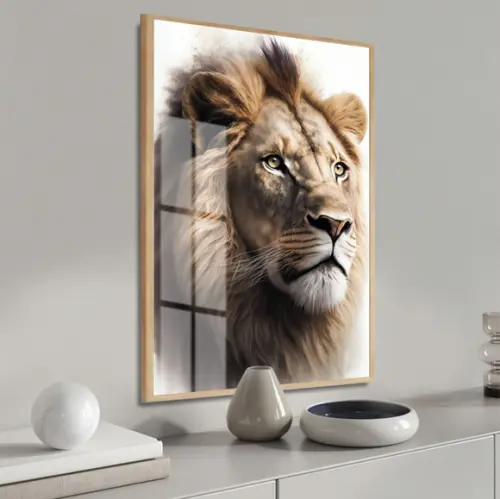 Quadro Decorativo Moderno Rosto Leão Animais Moldura e Vidro