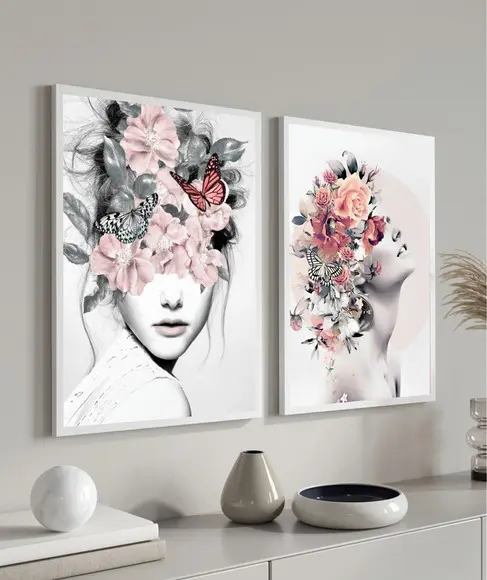 Quadro Decorativo Modernos Mulher Flores Quarto Sala Moldura