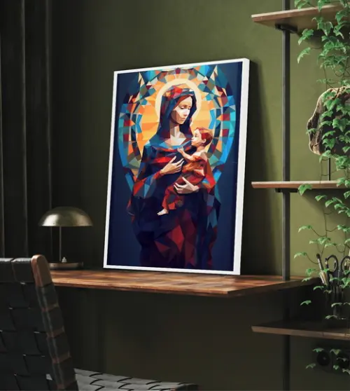 Quadro Decorativo Nossa Senhora Virgem Maria Jesus com Vidro